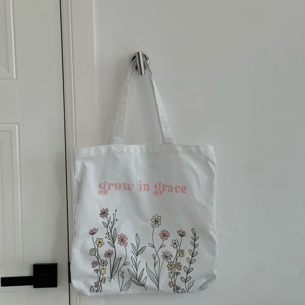 White and Pink Floral Canvas Tote Bag
